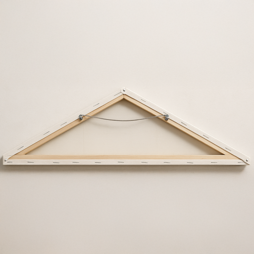 Back side of a white obtuse triangular canvas
